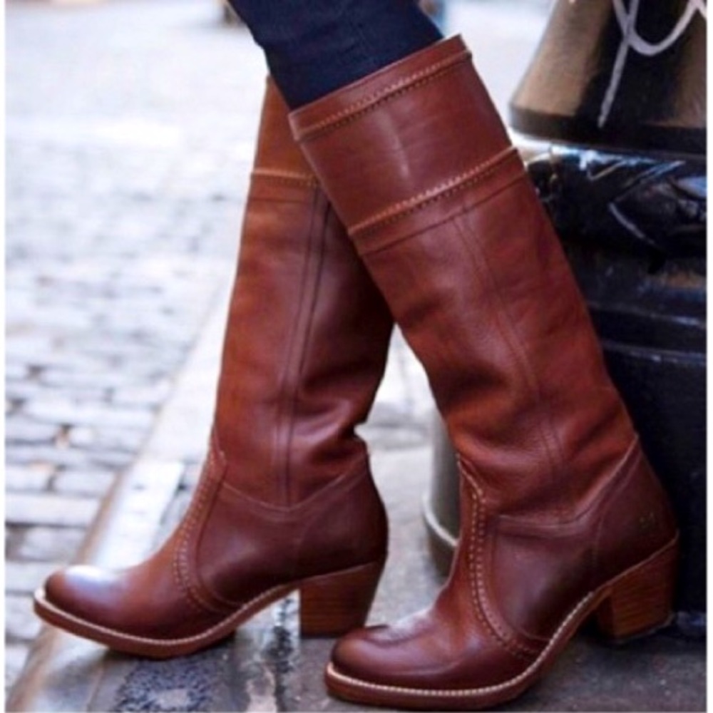 Frye Jane Stitch Leather Heeled Knee High Boots - Picture 3 of 16